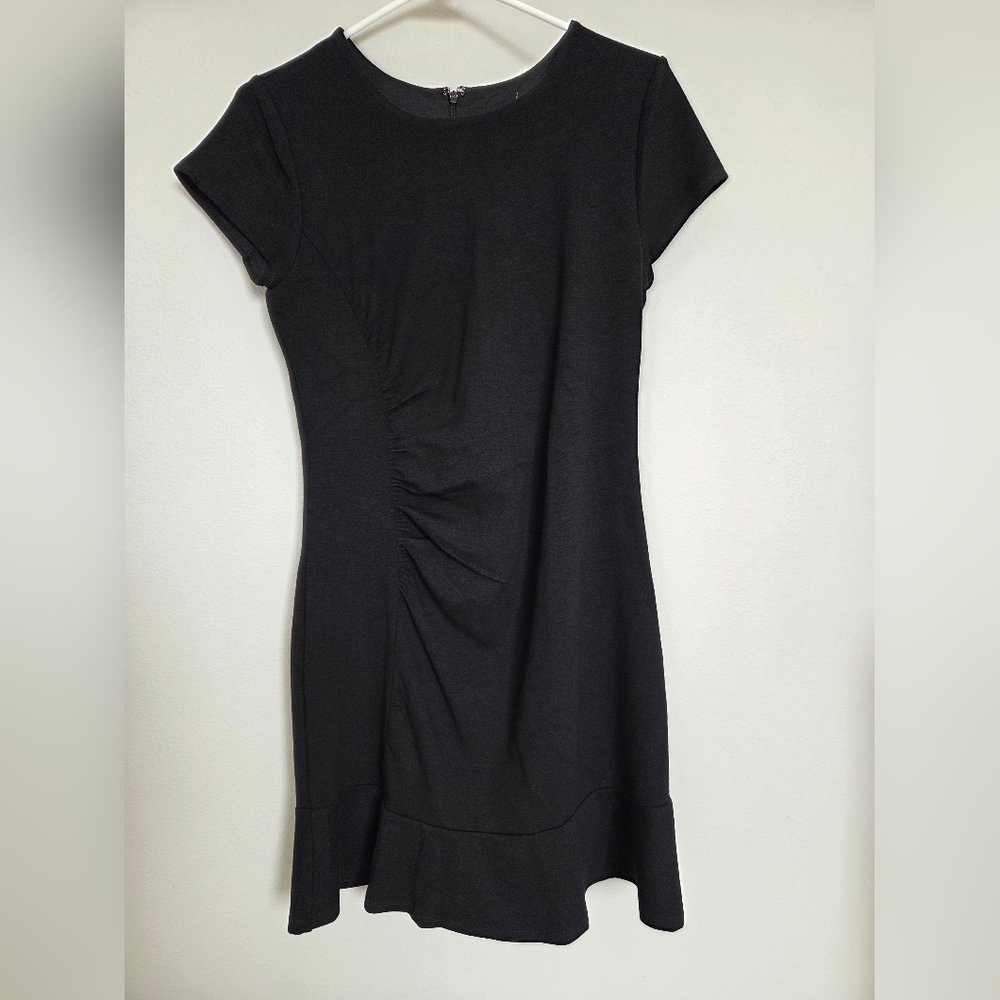 LOFT NWT Black Short Sleeve Side Gathered Ruffle Bottom Dress 8 Petite